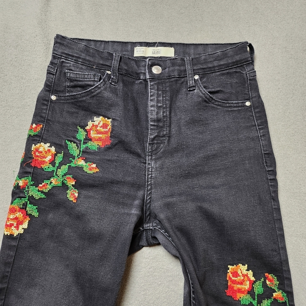 Topshop Jamie High Waisted Embroidered Roses Black Cropped Stretchy Jeans 30 - Picture 3 of 14